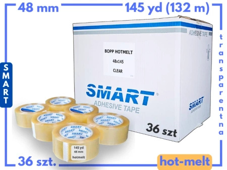 karton hotmelt 48mm x 145yd (132m) smart BEZBARWNA taśma klejąca 48/145 pakowa 36 sztuk
