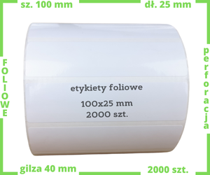 białe 100x25 mm etykiety FOLIOWE 2000 szt. perforacja