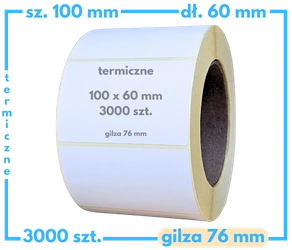 100x60 mm etykiety termiczne 3000 szt. gilza 76 mm samoprzylepne białe