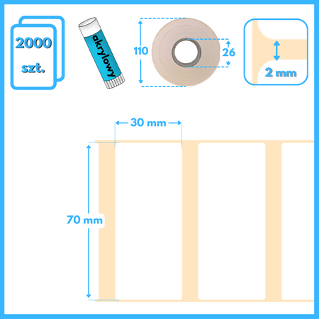 70x30 mm etykiety termiczne 2000 szt. gilza 25 samoprzylepne białe