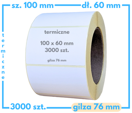 100x60 mm etykiety termiczne 3000 szt. gilza 76 mm samoprzylepne białe