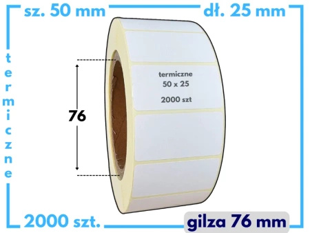50x25 mm etykiety termiczne 2000 szt. gilza 40 akryl samoprzylepne białe 50*25