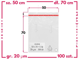 bv 50x70+5 cm celofanowe worki odzieżowe z taśmą klejąca i odpowietrznikiem 100 szt. (500x700 mm)