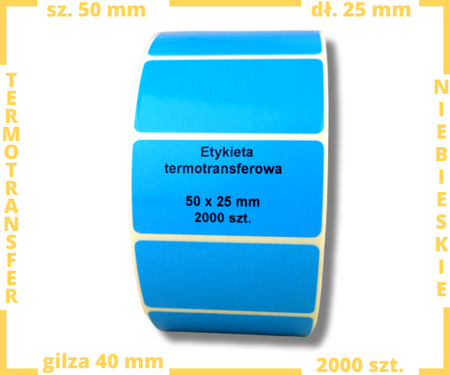 niebieskie 50x25 mm etykiety TERMOTRANSFEROWE samoprzylepne 1000 szt.