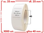 białe 25x25 mm etykiety FOLIOWE 1000 szt. gilza 40 mm termotransfer