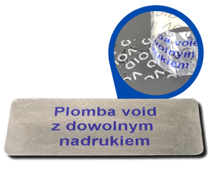 45x18 mm plomby gwarancyjne VOID SREBRNE nadruk NIEBIESKI 100 szt.