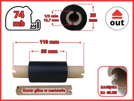 55x74 OUT kalka ŻYWICZNA taśma termotransferowa żywica 55 mm 74 m czarna