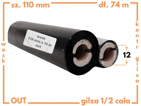 110x74 kalka WOSKOWA taśma termotransferowa wosk 110mm 74m czarna OUT