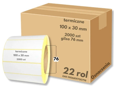 karton 100x30 mm etykiety termiczne 2000 szt. gilza 76 samoprzylepne białe 100*30 x22
