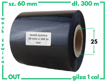 60x300 OUT kalka WOSKOWO-ŻYWICZNA taśma termotransferowa wosk żywica 60 mm 300 m czarna