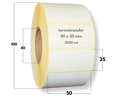 50x25 mm etykiety termotransferowe 2000 szt. gilza 40 samoprzylepne białe naklejki 50*25