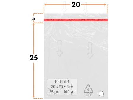20x25 +5 cm worki foliowe z taśmą klejącą na odzież 200x250  +50 mm ldPE 100 szt 
