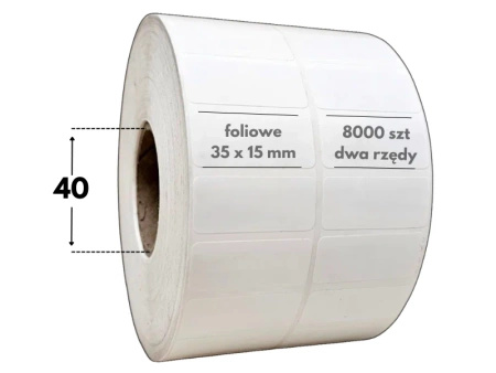 białe 35x15 mm etykiety FOLIOWE dwurzędowe 8000 szt. gilza 40 mm termotransfer