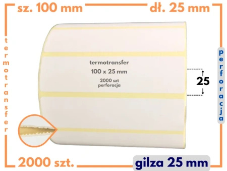 100x25 mm etykiety termotransferowe 2000 szt. PERFORACJA gilza 25 samoprzylepne białe naklejki 100/25