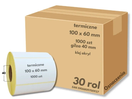 karton etykiet 100x60 mm termiczne 1000 szt. samoprzylepne białe >> 30 rol. << 