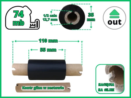 55x74 OUT kalka WOSKOWO-ŻYWICZNA taśma termotransferowa wosk żywica 55 mm 74 m czarna