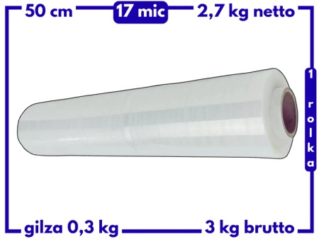 50 cm folia stretch 3 kg brutto (2,7 kg netto) przeźroczysta 17 mic - strecz bezbarwny długa i wydajny