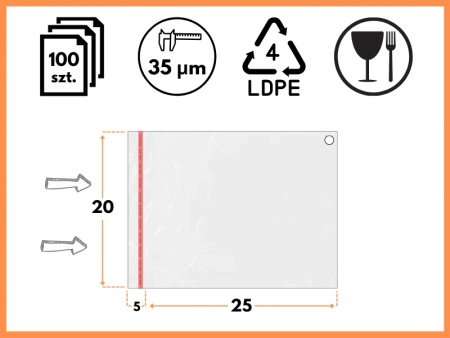 20x25 +5 cm worki foliowe z taśmą klejącą na odzież 200x250  +50 mm ldPE 100 szt 