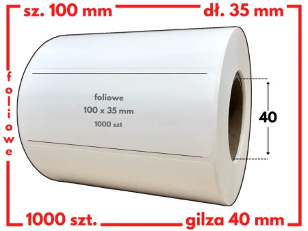 białe 100x35 mm etykiety FOLIOWE 1000 szt. gilza 40 mm termotransfer