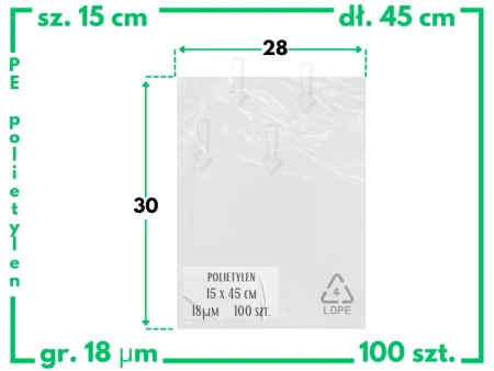15x45 cm polietylenowe worki foliowe 100 szt. (150x450 mm)