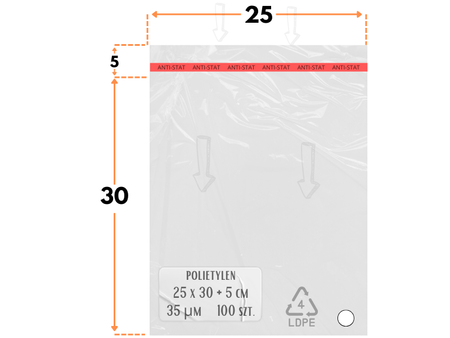 25x30 +5 cm worki foliowe z taśmą klejącą na odzież 250x300  +50 mm ldPE 100 szt 