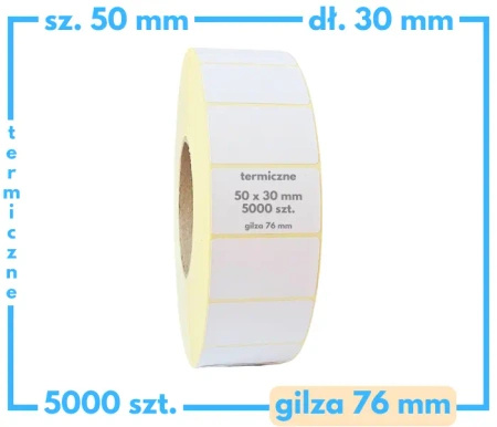 50x30 mm etykiety termiczne 5000 szt. gilza 76 samoprzylepne białe