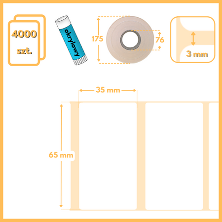 65x35 mm 4000 szt. gilza 76 etykiety samoprzylepne termotransferowe białe