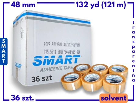 karton solvent 48mm x 132yd (121m) Smart BEZBARWNA taśma klejąca 48/132 pakowa 36 sztuk