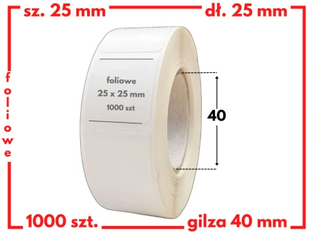 białe 25x25 mm etykiety FOLIOWE 1000 szt. gilza 40 mm termotransfer