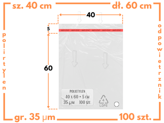 40x60+5 cm polietylenowe worki odzieżowe z taśmą klejąca i odpowietrznikiem 100 szt. (400x600 mm)