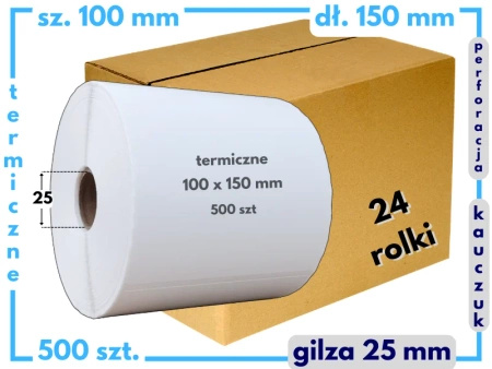 karton 100x150 mm etykiety termiczne 500 szt. gilza 26 PERFORACJA kauczuk samoprzylepne białe