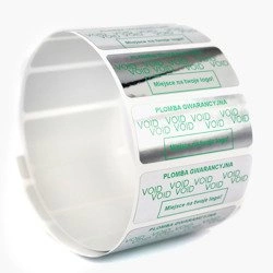 z_usl_nad_p 45x18 mm plomby gwarancyjne VOID SREBRNE nadruk ZIELONY 100 szt.