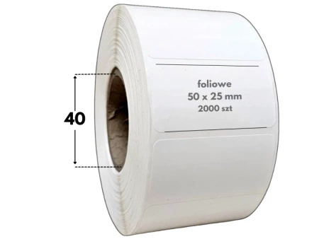 białe 50x25 mm etykiety FOLIOWE 2000 szt. gilza 40 mm termotransfer