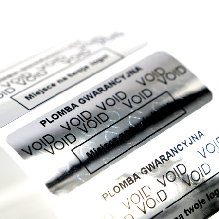 z_usl_nad_p 45x18 mm plomby gwarancyjne VOID SREBRNE nadruk CZARNY 100 szt.