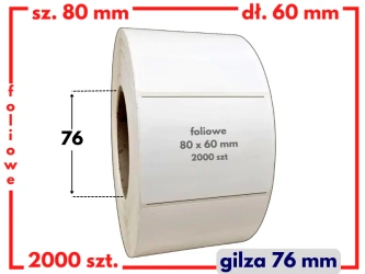 białe 80x60 mm etykiety FOLIOWE 2000 szt. gilza 76 mm termotransfer