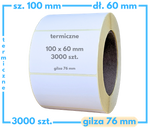 100x60 mm etykiety termiczne 3000 szt. gilza 76 mm samoprzylepne białe