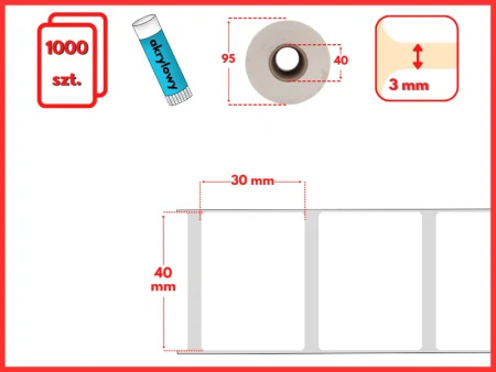 białe 40x30 mm etykiety FOLIOWE 1000 szt. gilza 40 mm termotransfer