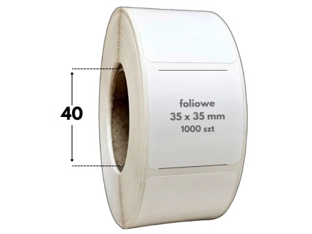 białe 35x35 mm etykiety FOLIOWE 1000 szt. gilza 40 mm termotransfer