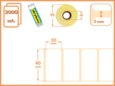 40x20 mm etykiety termotransferowe 2000 szt. gilza 40 samoprzylepne białe naklejki 40/20