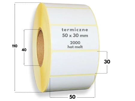 50x30 mm etykiety termiczne 2000 szt. gilza 40 HOT-MELT samoprzylepne białe 50/30