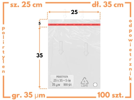 25x35 +5 cm worki foliowe z taśmą klejącą na odzież 250x350 +50 mm ldPE 100 szt 