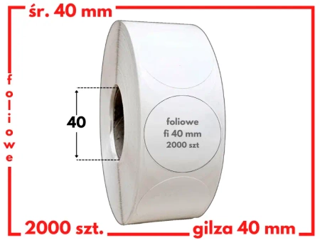 białe okrągłe 40 mm etykiety FOLIOWE 2000 szt. gilza 40 mm termotransfer