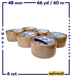 6 szt zgrzewka 66 yd x 48 mm (60 m) KAUCZUK (solvent) taśma pakowa SMART BRĄZOWA 48*66