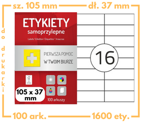 Etykiety 105x37 mm na arkuszach A4 dzielonych na 16 - 2400 etykiet samoprzylepnych uniwersalnych do drukarek biurowych