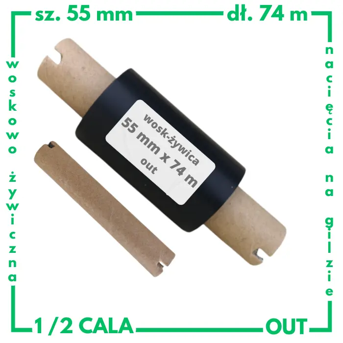 55x74 OUT kalka WOSKOWO-ŻYWICZNA taśma termotransferowa wosk żywica 55 mm 74 m czarna