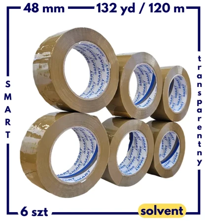 6 szt zgrzewka 132 yd x 48 mm (120 m) KAUCZUK (solvent) taśma pakowa SMART BRĄZOWA 48*120