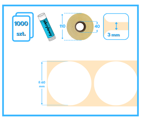60 mm okrągłe etykiety termiczne 1000 szt. gilza 40 mm samoprzylepne białe