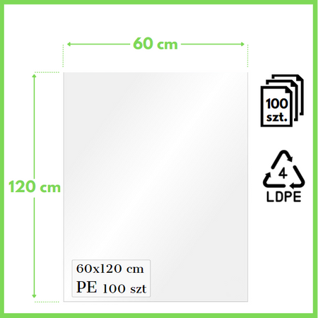 60x120 cm worki foliowe polietylenowe 600x1200 mm 18-mik 100 sztuk