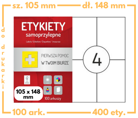 Etykiety 105x148 mm w arkuszach A4 - 400 etykiet samoprzylepnych uniwersalnych do drukarek biurowych