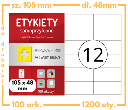 Etykiety 105x48 mm w arkuszach A4 - 1200 etykiet samoprzylepnych uniwersalnych do drukarek biurowych